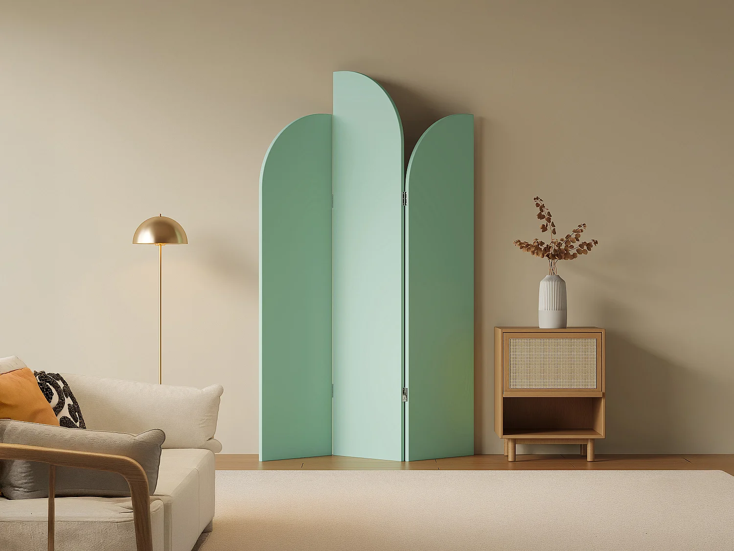 Paravent asymétrique 3 pans en tissu et bois - L.120 x H.180 cm - Vert  clair - SYVANA