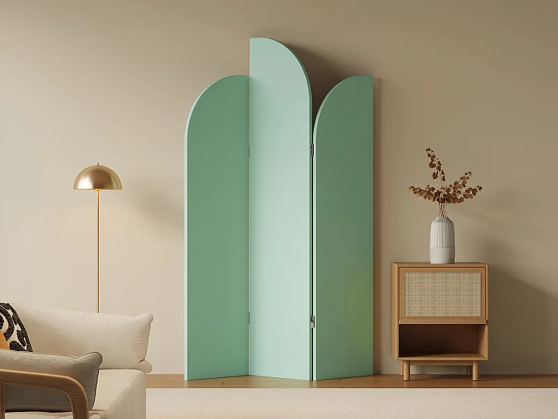 Paravent asymétrique 3 pans en tissu et bois - L.120 x H.180 cm - Vert  clair - SYVANA