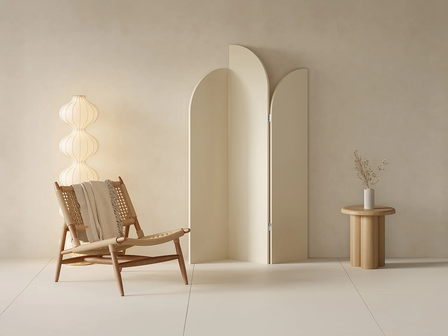 Paravent asymétrique 3 pans en tissu et bois - L.120 x H.180 cm - Crème - SYVANA