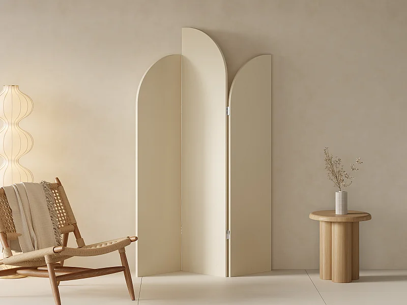 Paravent asymétrique 3 pans en tissu et bois - L.120 x H.180 cm - Crème - SYVANA