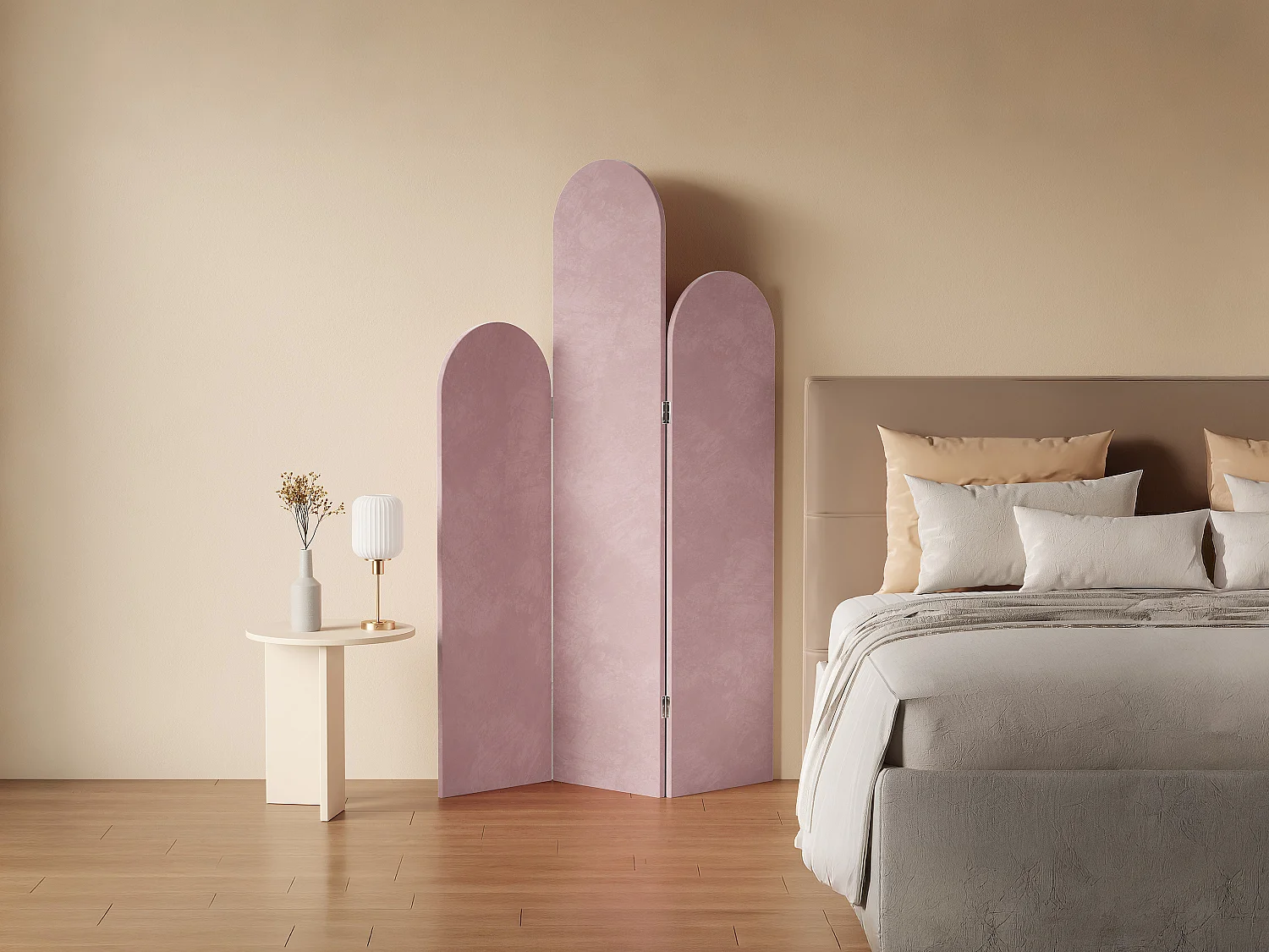 Paravent asymétrique 3 pans en velours  L.120 x H.180 cm - Rose - CARMIDA