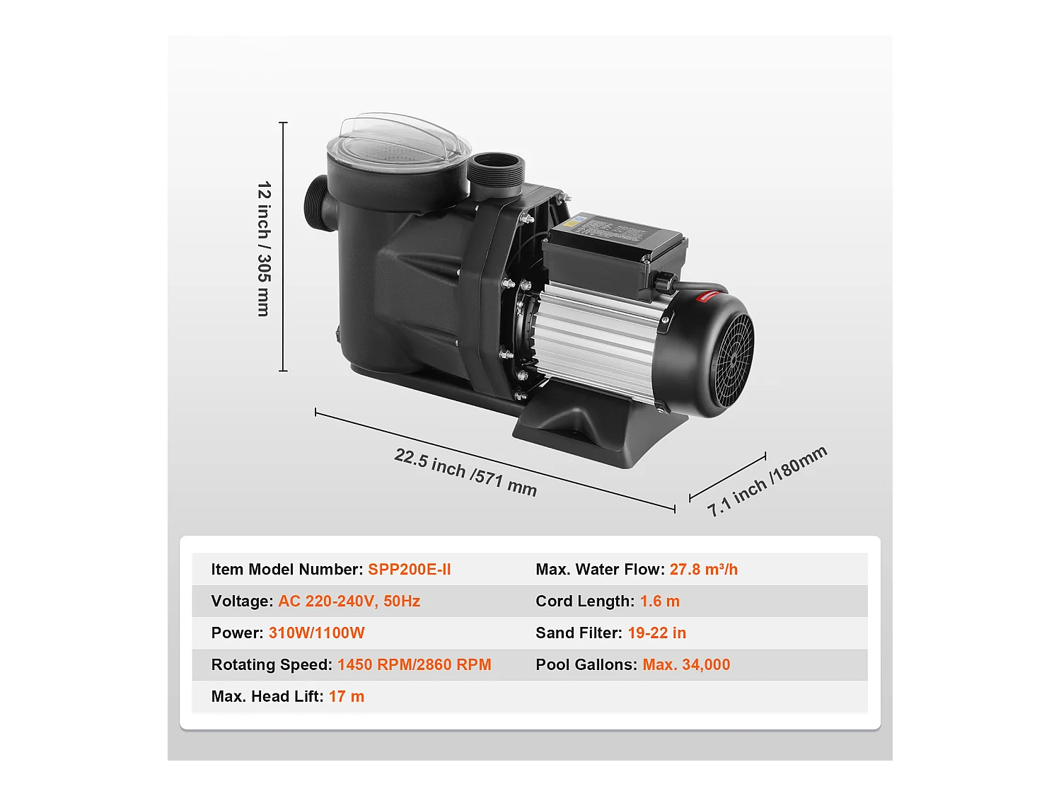 Pompe de Piscine Hors Sol SucceBuy, 1,5 CV, 1100 W, Débit 27800 L/H