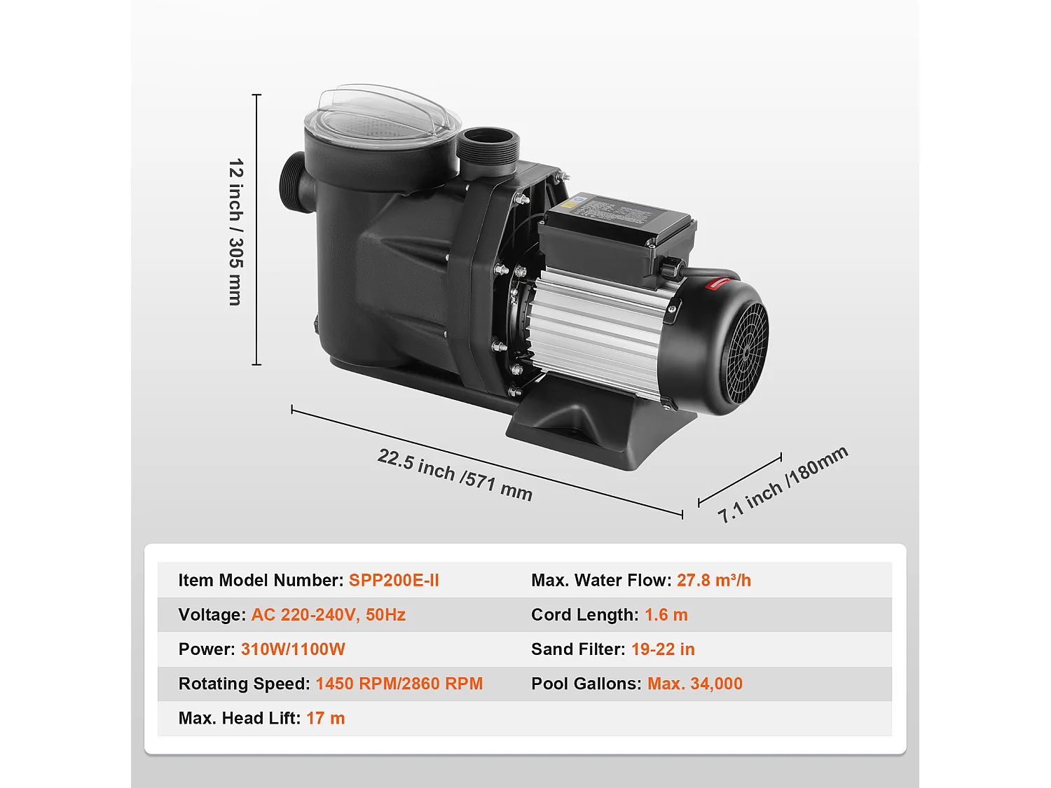 Pompe de Piscine Hors Sol SucceBuy, 1,5 CV, 1100 W, Débit 27800 L/H