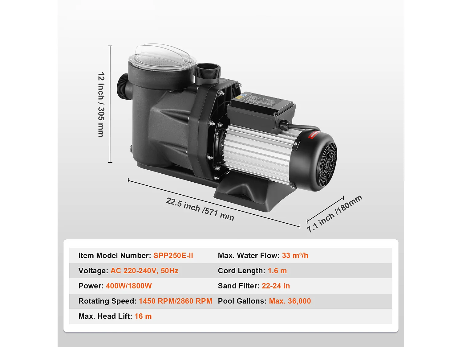 Pompe de Piscine Hors Sol SucceBuy, 2 CV, 1800 W, Débit 33 000 L/H