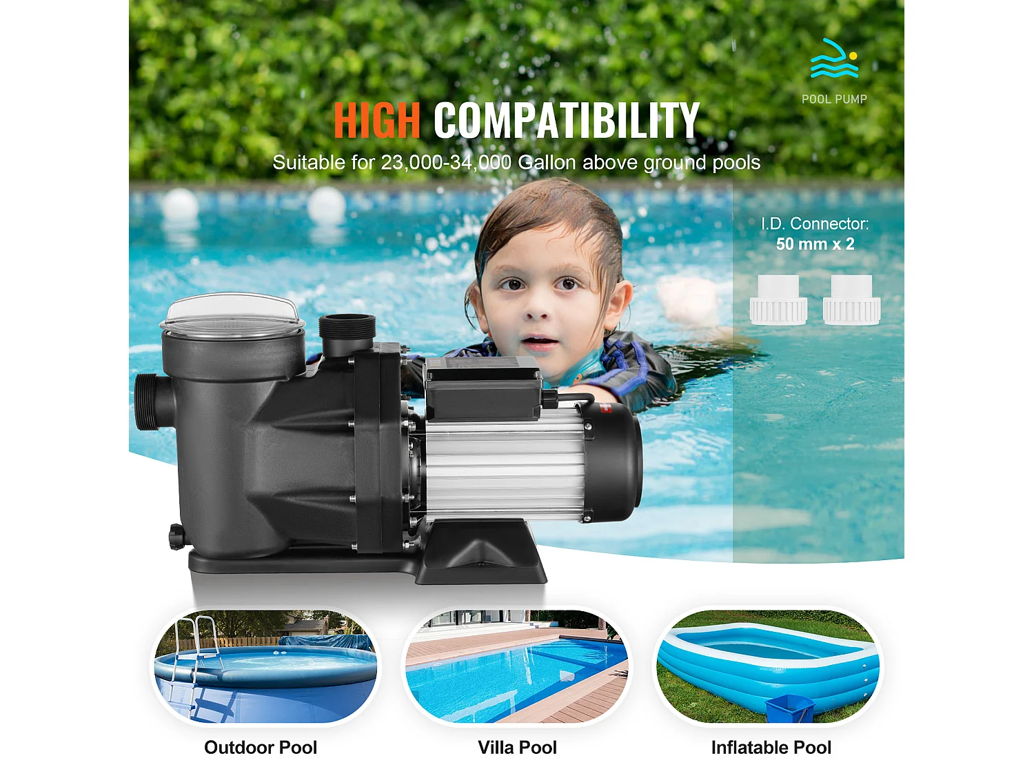 Pompe de Piscine Hors Sol SucceBuy, 2 CV, 1800 W, Débit 33 000 L/H