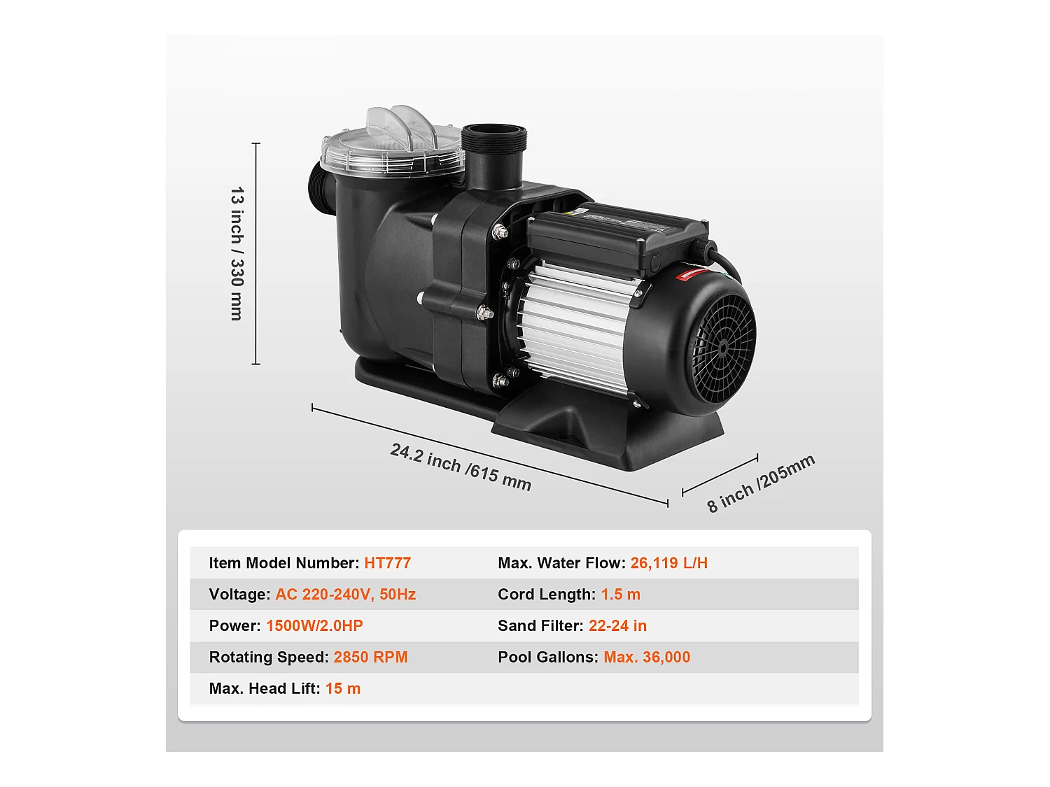 Bovengrondse Zwembadpomp SucceBuy, 2 pk, 115 GPM, 2850 RPM, UL-gecertificeerd