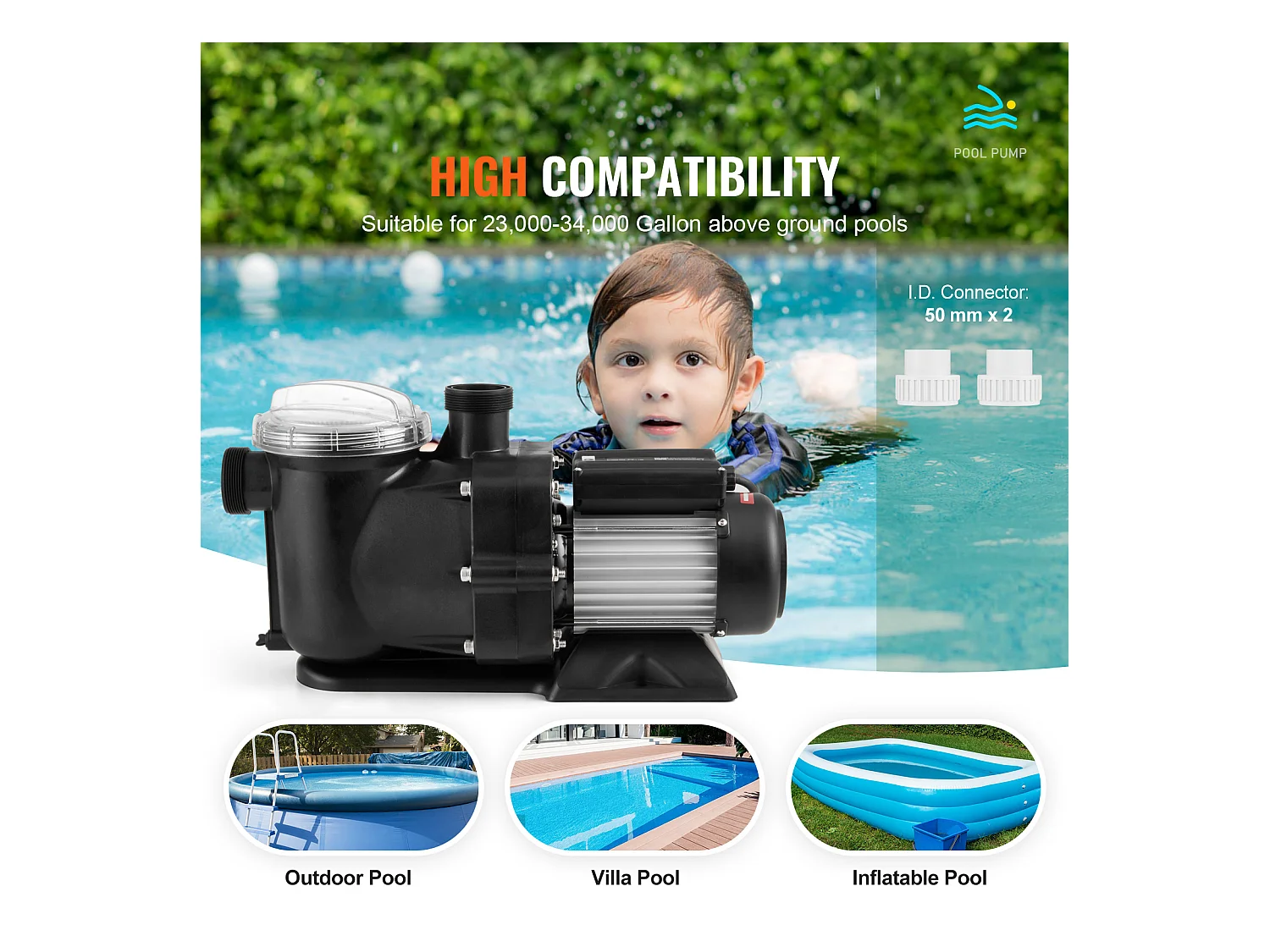 Bovengrondse Zwembadpomp SucceBuy, 2 pk, 115 GPM, 2850 RPM, UL-gecertificeerd