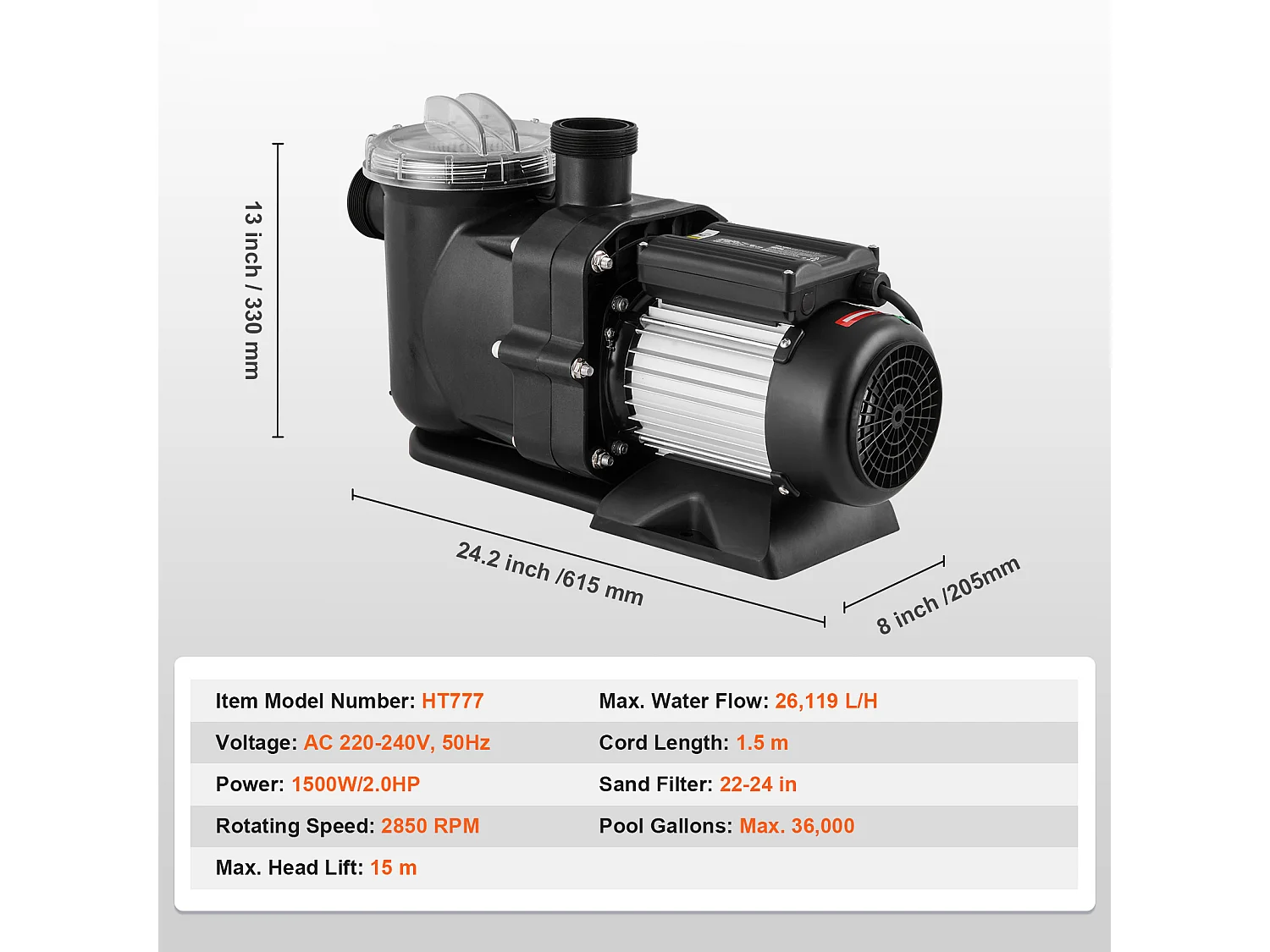 Bomba para Piscina Elevada SucceBuy, 2 CV, 115 GPM, 2850 RPM, con Certificación UL