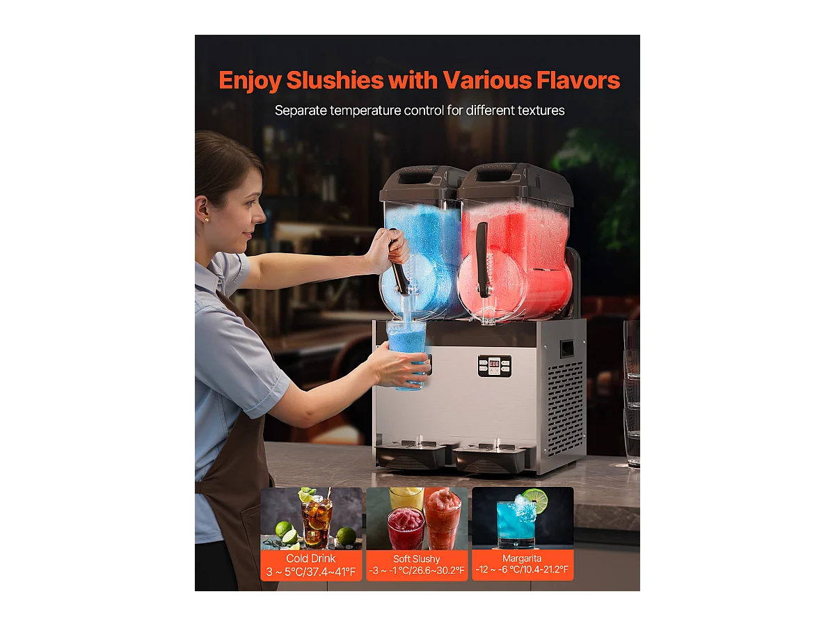 Machine à Granité SucceBuy Commerciale  2 x 12L , Machine à Smoothie Margarita, pour Supermarchés, Cafés, Restaurants, Bars