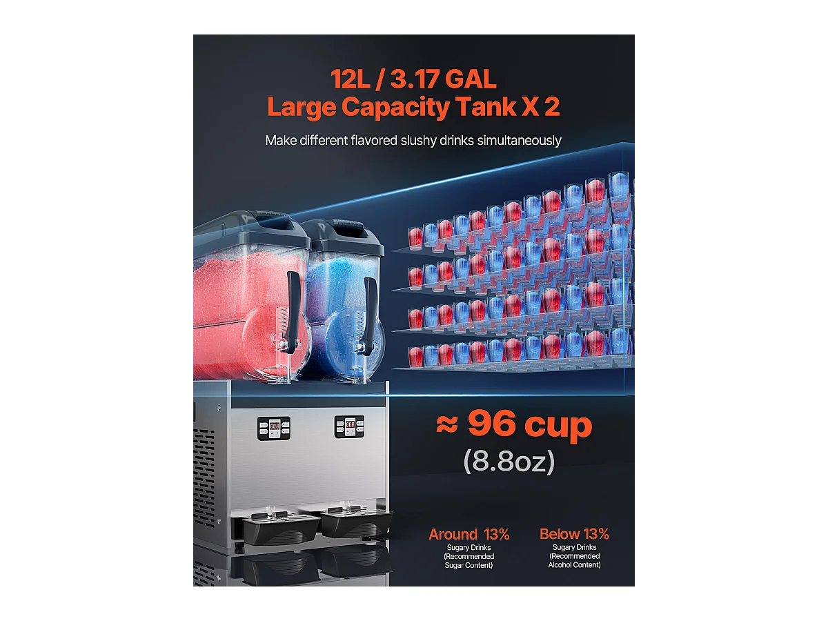 Machine à Granité SucceBuy Commerciale  2 x 12L , Machine à Smoothie Margarita, pour Supermarchés, Cafés, Restaurants, Bars