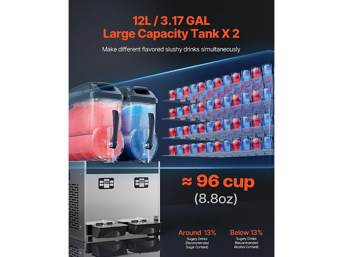 Machine à Granité SucceBuy Commerciale  2 x 12L , Machine à Smoothie Margarita, pour Supermarchés, Cafés, Restaurants, Bars