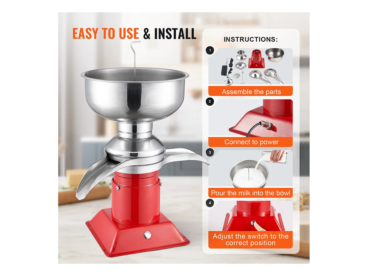 Séparateur de Crème Électrique SucceBuy 30 W, Sortie 100 L/H, 100-240 V, en Acier Inoxydable