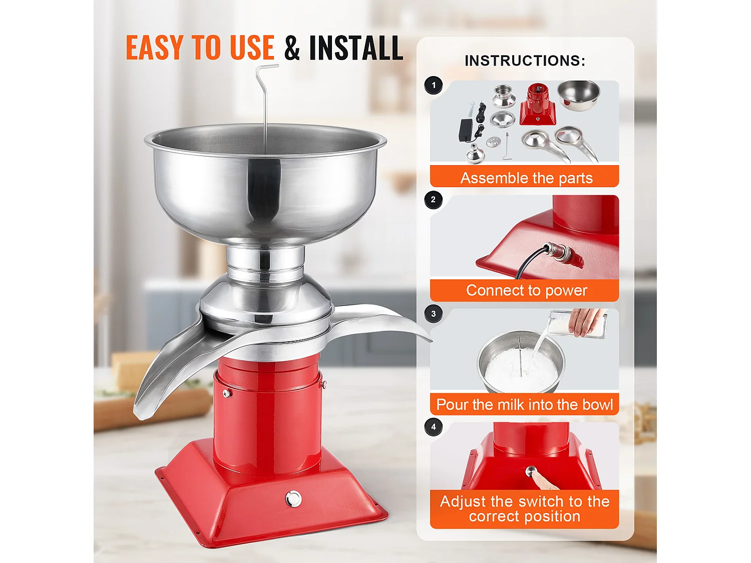 Séparateur de Crème Électrique SucceBuy 30 W, Sortie 100 L/H, 100-240 V, en Acier Inoxydable