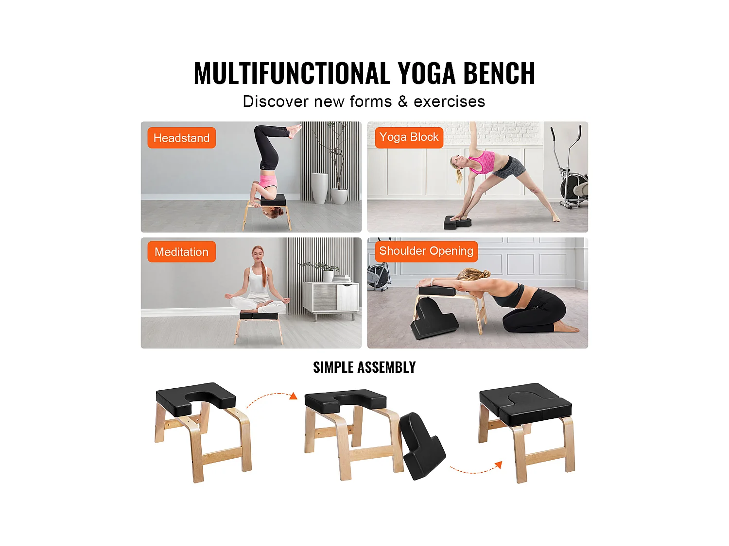 Banc de Yoga SucceBuy, Capacité de Charge 136 kg, pour Poirier, Entraînement de Fitness, Noir