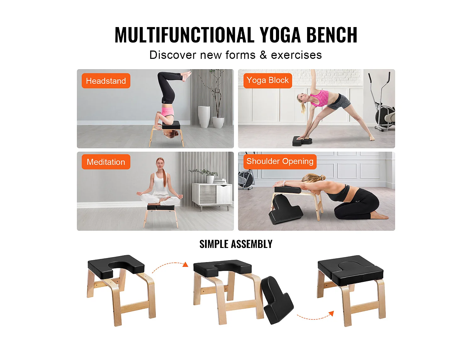 Banc de Yoga SucceBuy, Capacité de Charge 136 kg, pour Poirier, Entraînement de Fitness, Noir