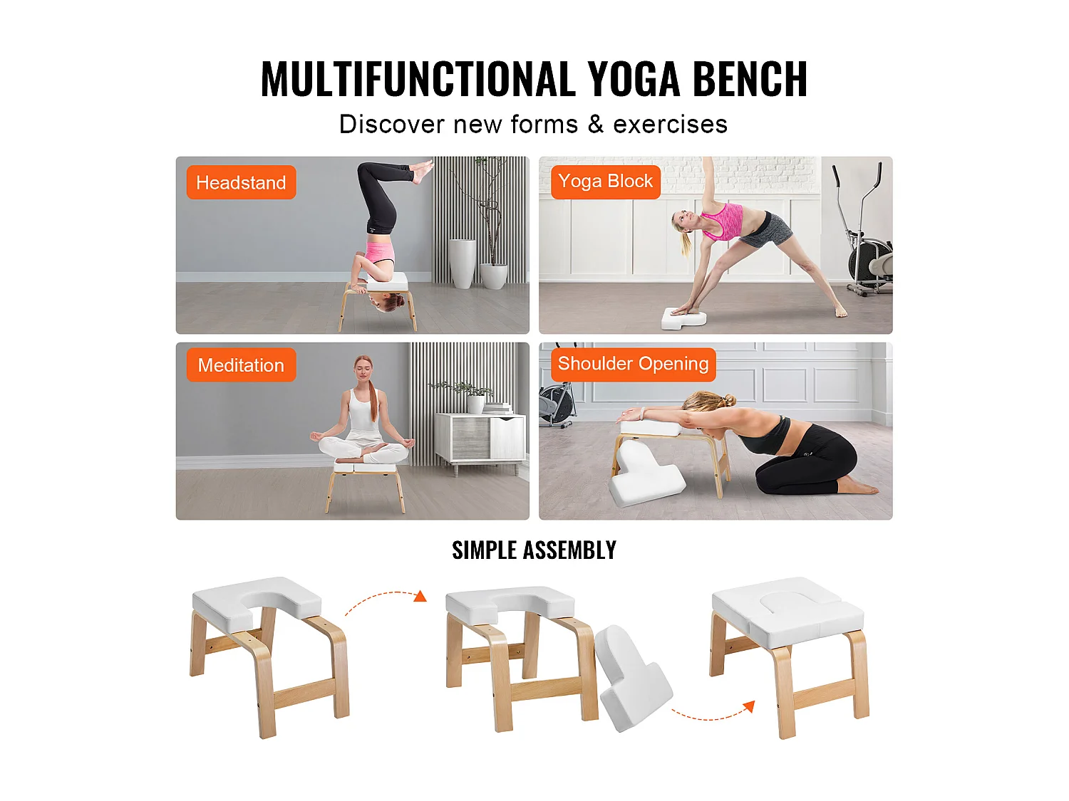 Sedia per Yoga SucceBuy, Sedia per Yoga per Fare la Posizione del Daino (Poirier), 136 kg, per Allenamento di Forza e Bilanciamento, Palestra, Bianco