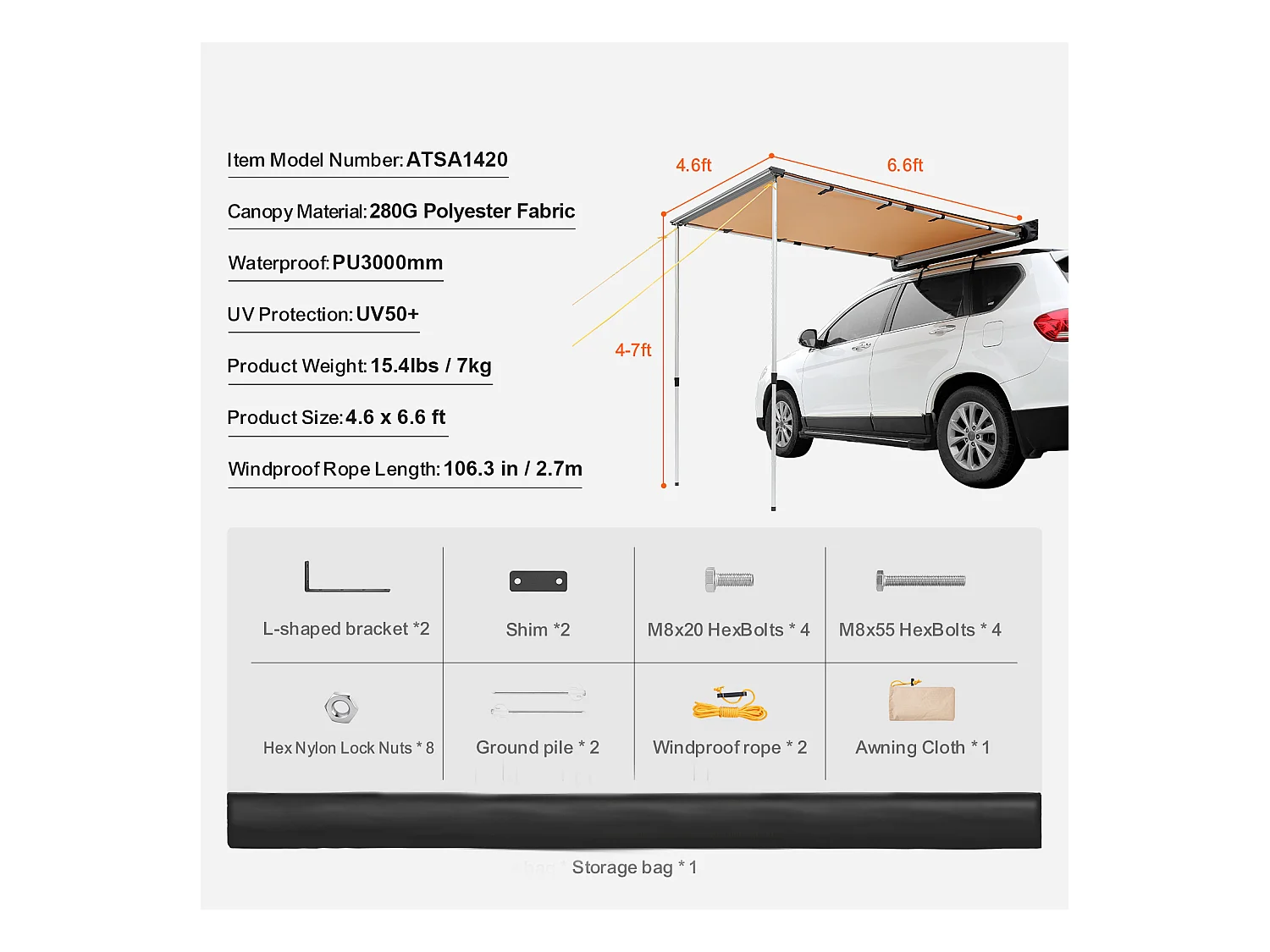 Auvent de Véhicule, Carport SucceBuy, Couverture D'ombre 140 x 201 cm, PU3000mm UV50+