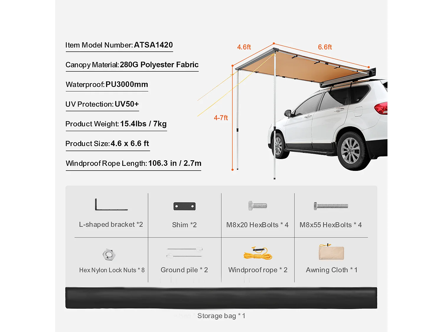 Auvent de Véhicule, Carport SucceBuy, Couverture D'ombre 140 x 201 cm, PU3000mm UV50+