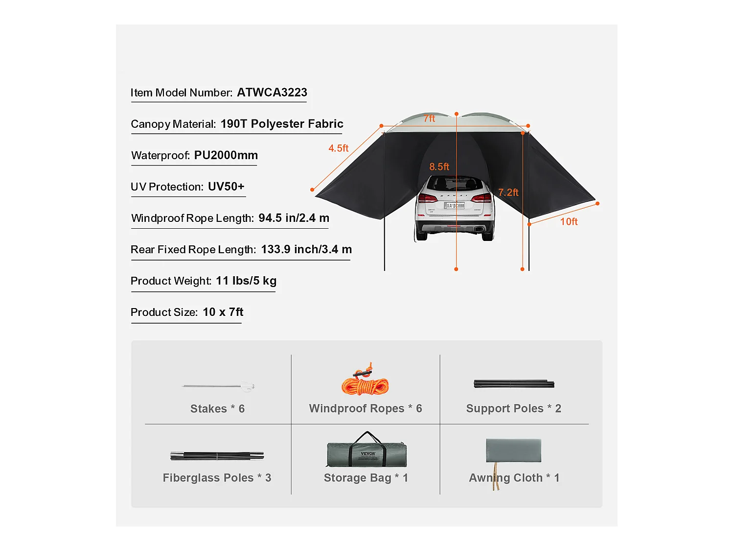 Tendone Veicolare SucceBuy, Copertura Ombrello 305 x 213 cm, PU2000mm UV50+, per Camion, SUV, Furgoni, Camper
