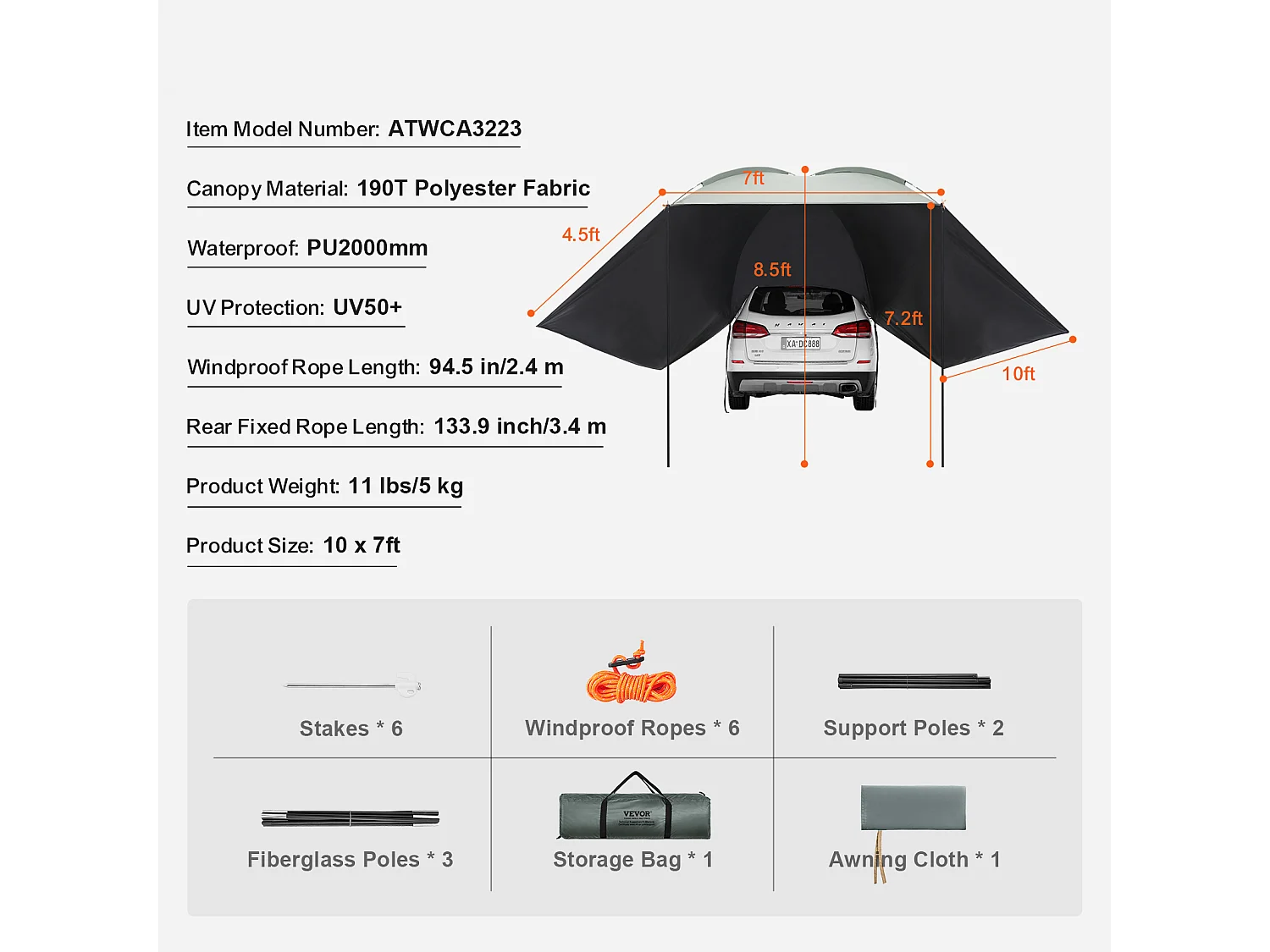 Auvent de Véhicule, Carport SucceBuy, Couverture D'ombre 305 x 213 cm, PU2000mm UV50+