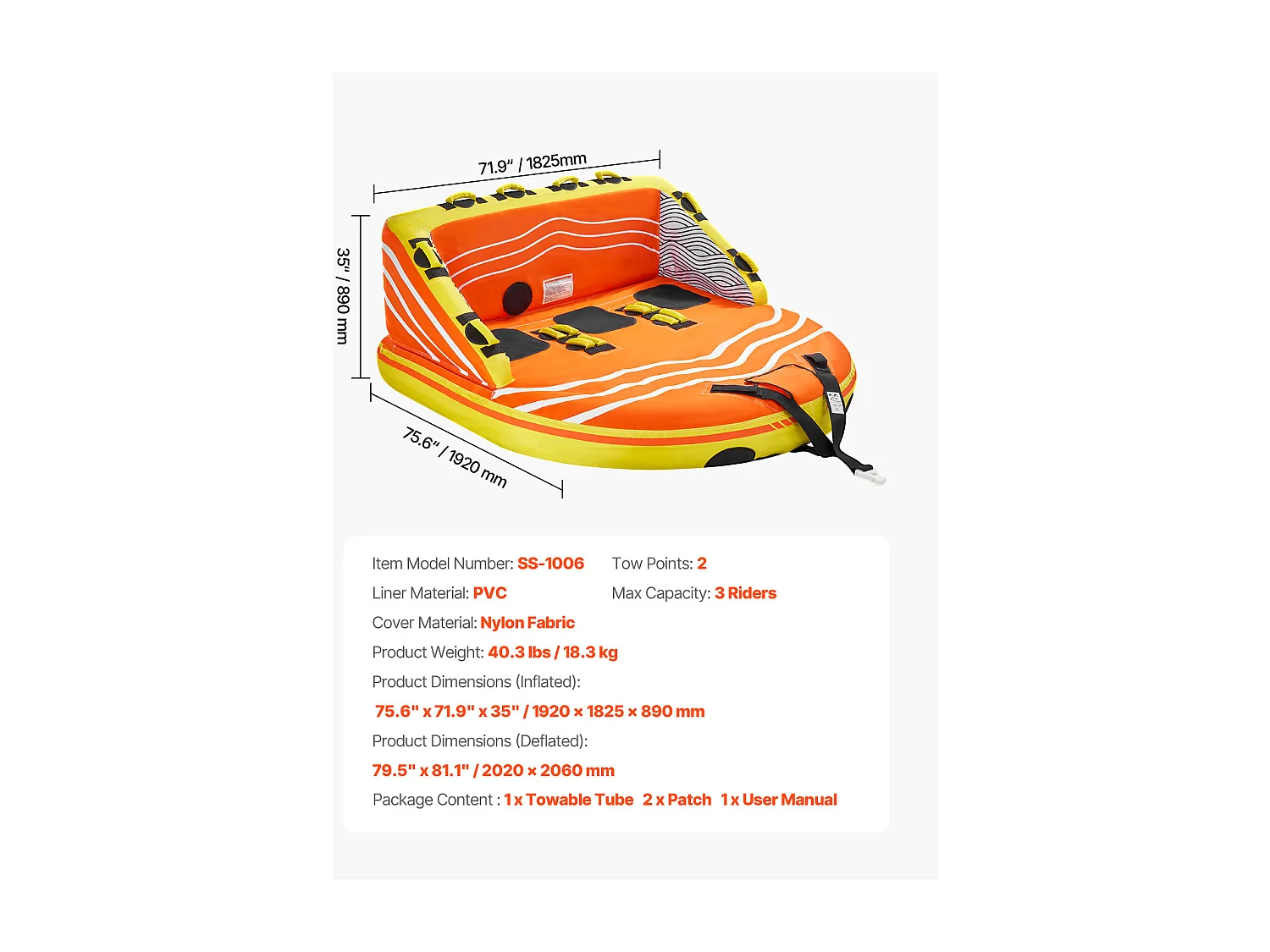 Bouée Tractée, SucceBuy Tube Remorquable pour la Navigation de Plaisance, Tube Gonflable pour Sports Nautiques pour 1 à 3 Passagers