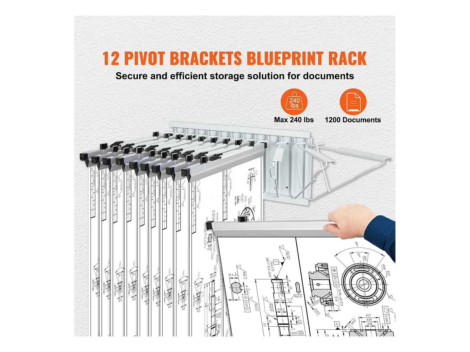Étagère de Rangement Mural pour Plans SucceBuy, 12 Supports Pivotants, peut Contenir 1 200 Feuilles