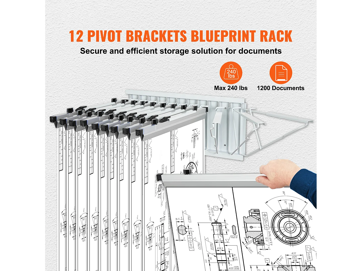Étagère de Rangement Mural pour Plans SucceBuy, 12 Supports Pivotants, peut Contenir 1 200 Feuilles