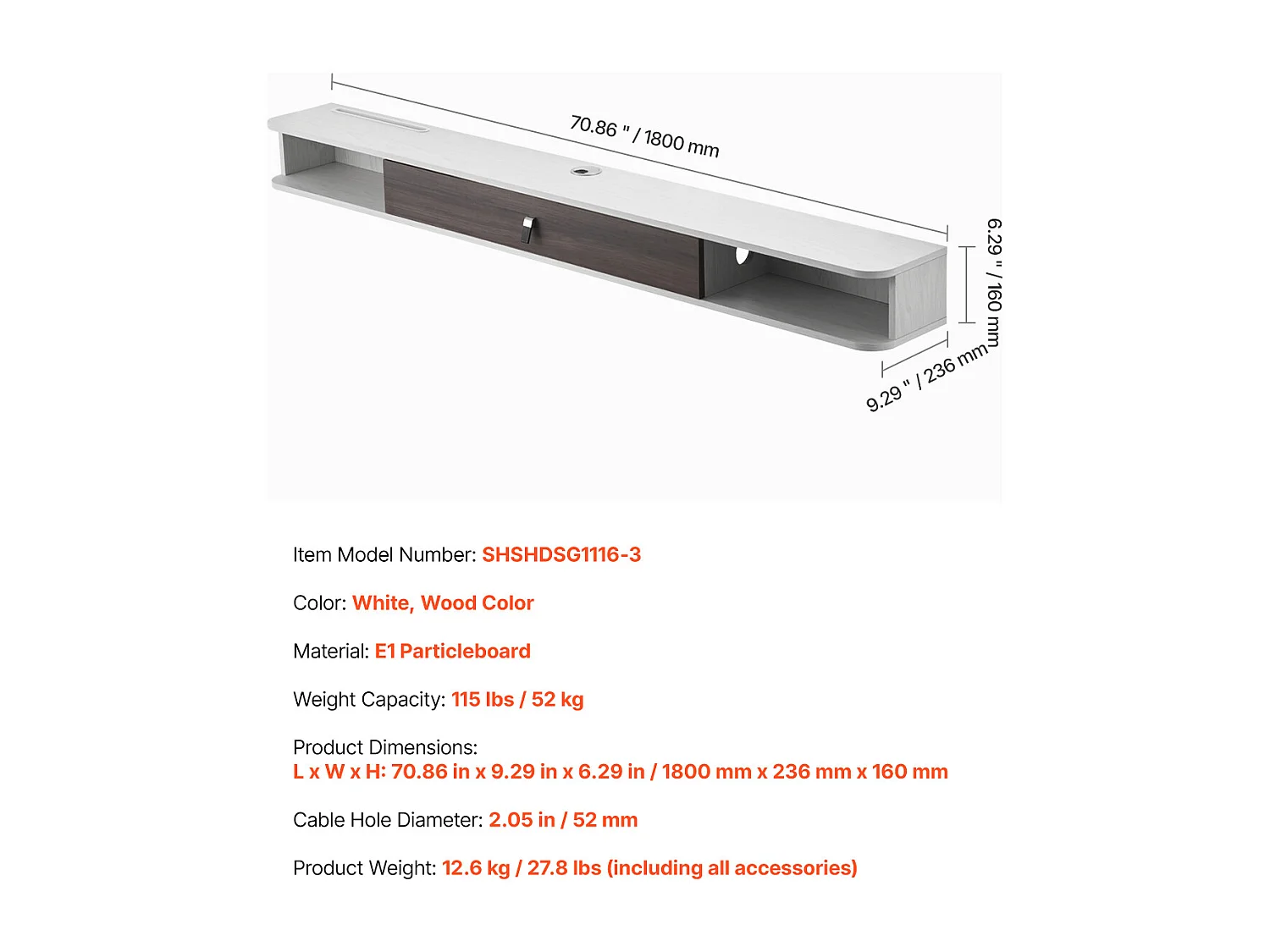 Szafka Ścienna pod TV SucceBuy Wiszący Stojak pod Telewizor, 180 cm, Konsola Multimedialna z Systemem Zarządzania Kablami, Nowoczesna Półka z Płyty Wiórowej