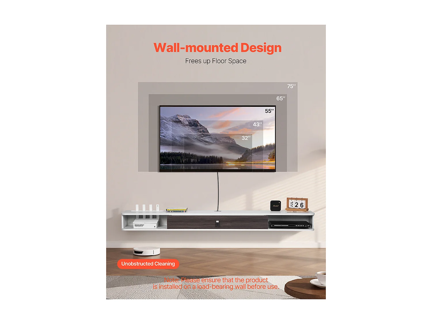 Szafka Ścienna pod TV SucceBuy Wiszący Stojak pod Telewizor, 180 cm, Konsola Multimedialna z Systemem Zarządzania Kablami, Nowoczesna Półka z Płyty Wiórowej