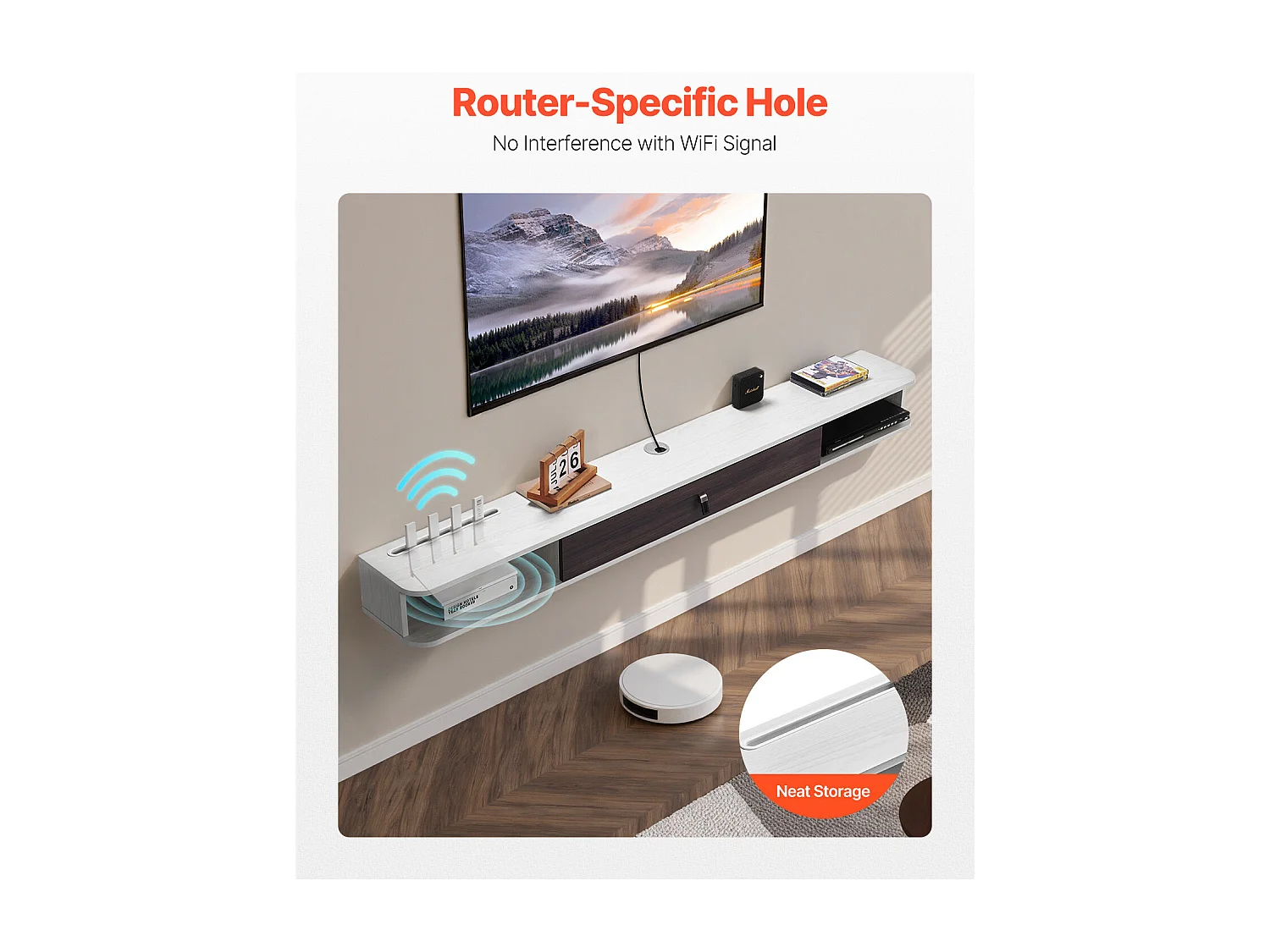 Szafka Ścienna pod TV SucceBuy Wiszący Stojak pod Telewizor, 180 cm, Konsola Multimedialna z Systemem Zarządzania Kablami, Nowoczesna Półka z Płyty Wiórowej