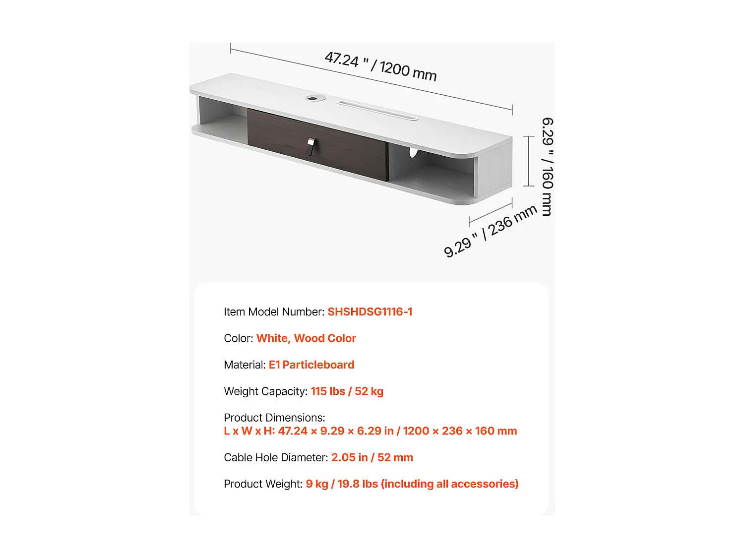 Szafka Ścienna pod TV SucceBuy Wiszący Stojak pod Telewizor, 120 cm, Nowoczesna Konsola Multimedialna z Systemem Zarządzania Kablami, Półka z Płyty Wiórowej