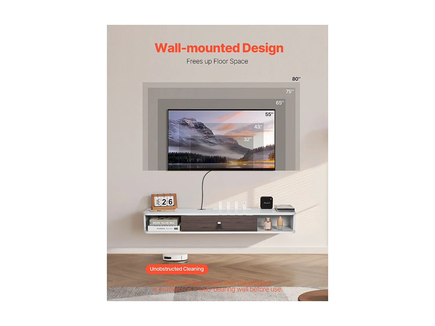 Szafka Ścienna pod TV SucceBuy Wiszący Stojak pod Telewizor, 120 cm, Nowoczesna Konsola Multimedialna z Systemem Zarządzania Kablami, Półka z Płyty Wiórowej