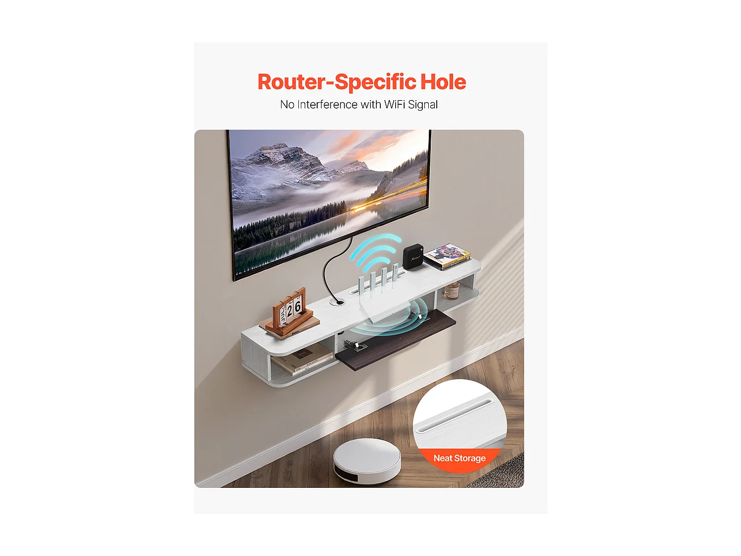 Szafka Ścienna pod TV SucceBuy Wiszący Stojak pod Telewizor, 120 cm, Nowoczesna Konsola Multimedialna z Systemem Zarządzania Kablami, Półka z Płyty Wiórowej