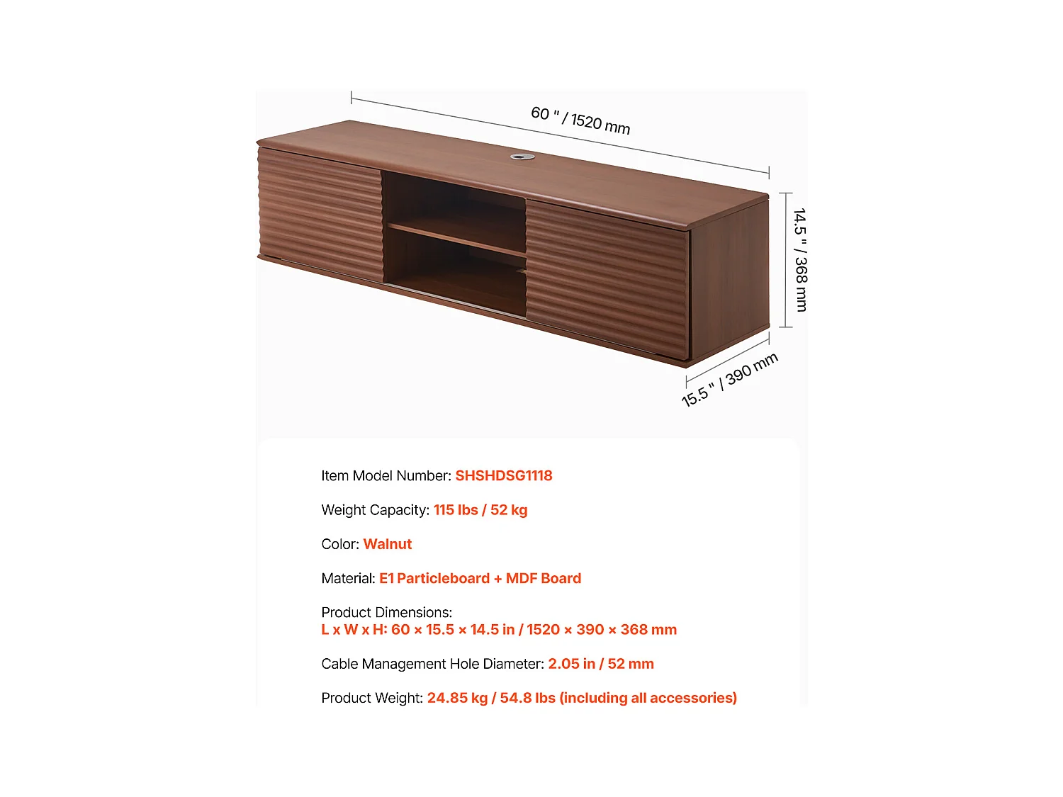 Meuble TV Mural SucceBuy Meuble TV Mural Flottant, 152 cm, Console Multimédia avec Étagères Ajustables et Portes Coulissantes, Unité de Rangement à 2 Niveaux