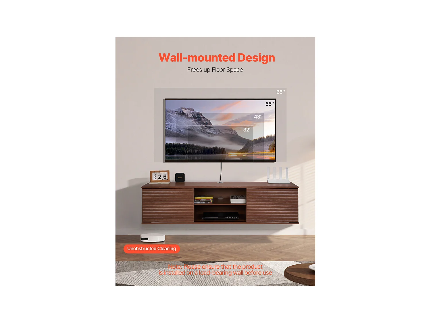 Meuble TV Mural SucceBuy Meuble TV Mural Flottant, 152 cm, Console Multimédia avec Étagères Ajustables et Portes Coulissantes, Unité de Rangement à 2 Niveaux