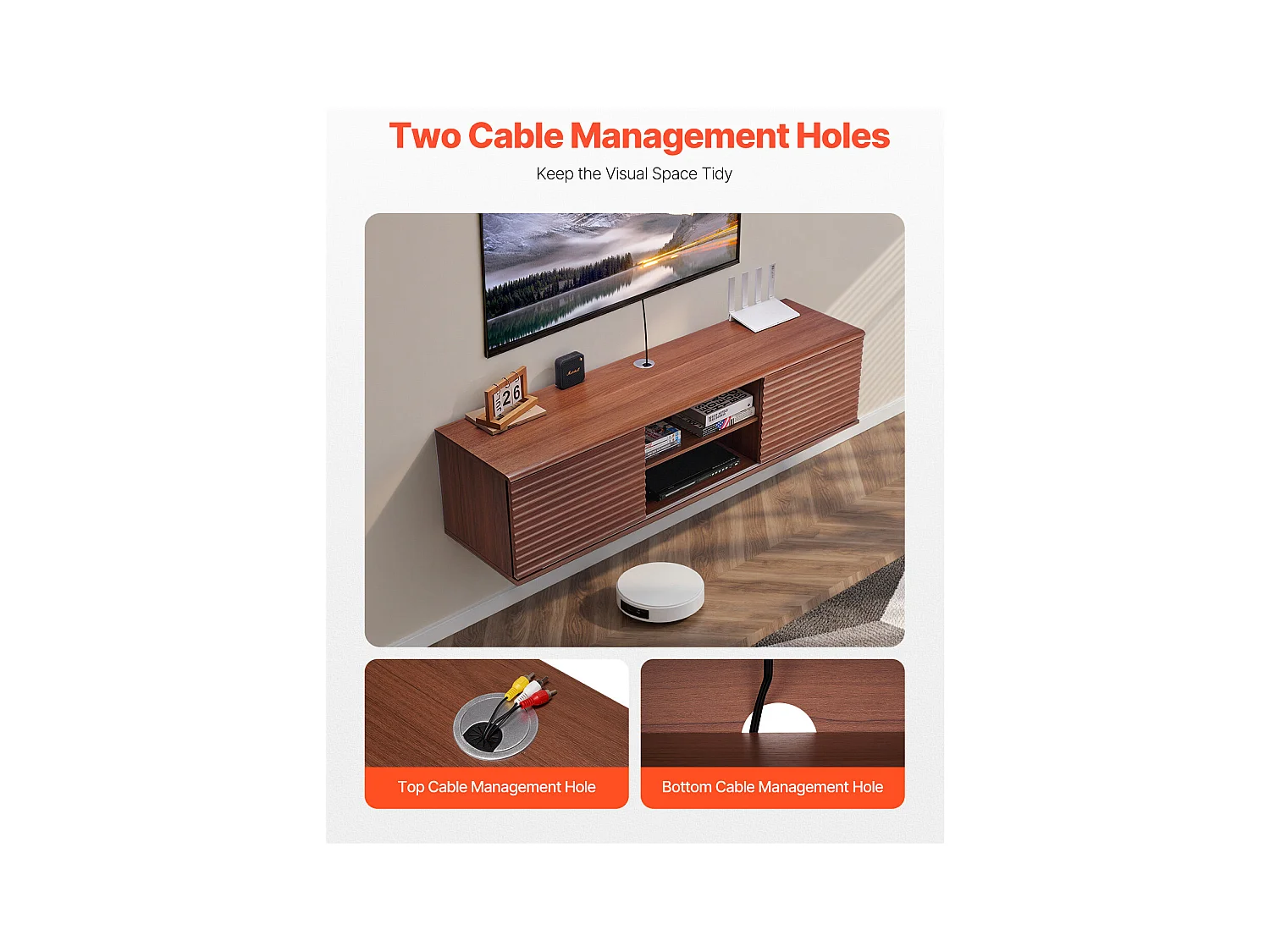 Meuble TV Mural SucceBuy Meuble TV Mural Flottant, 152 cm, Console Multimédia avec Étagères Ajustables et Portes Coulissantes, Unité de Rangement à 2 Niveaux