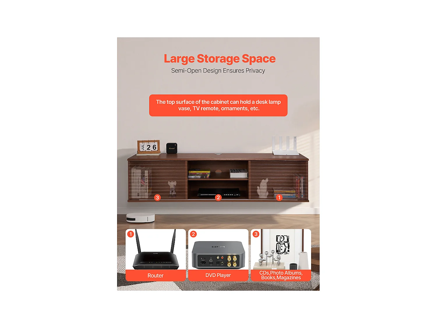 Meuble TV Mural SucceBuy Meuble TV Mural Flottant, 152 cm, Console Multimédia avec Étagères Ajustables et Portes Coulissantes, Unité de Rangement à 2 Niveaux