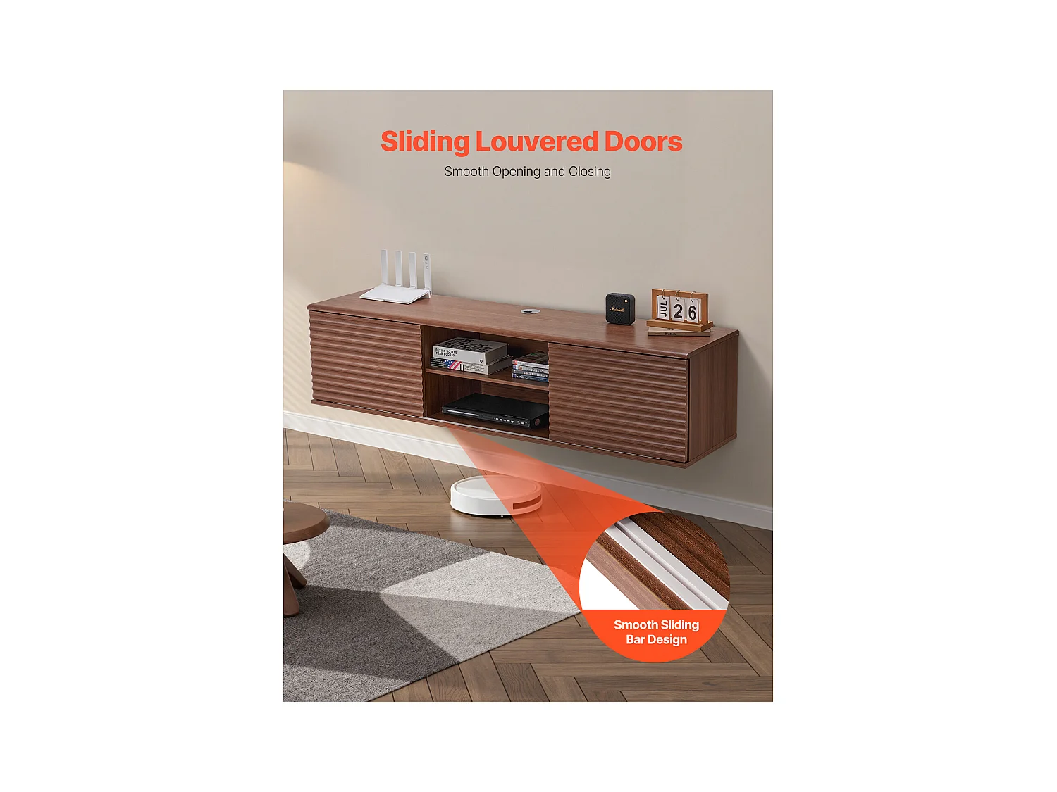 Meuble TV Mural SucceBuy Meuble TV Mural Flottant, 152 cm, Console Multimédia avec Étagères Ajustables et Portes Coulissantes, Unité de Rangement à 2 Niveaux