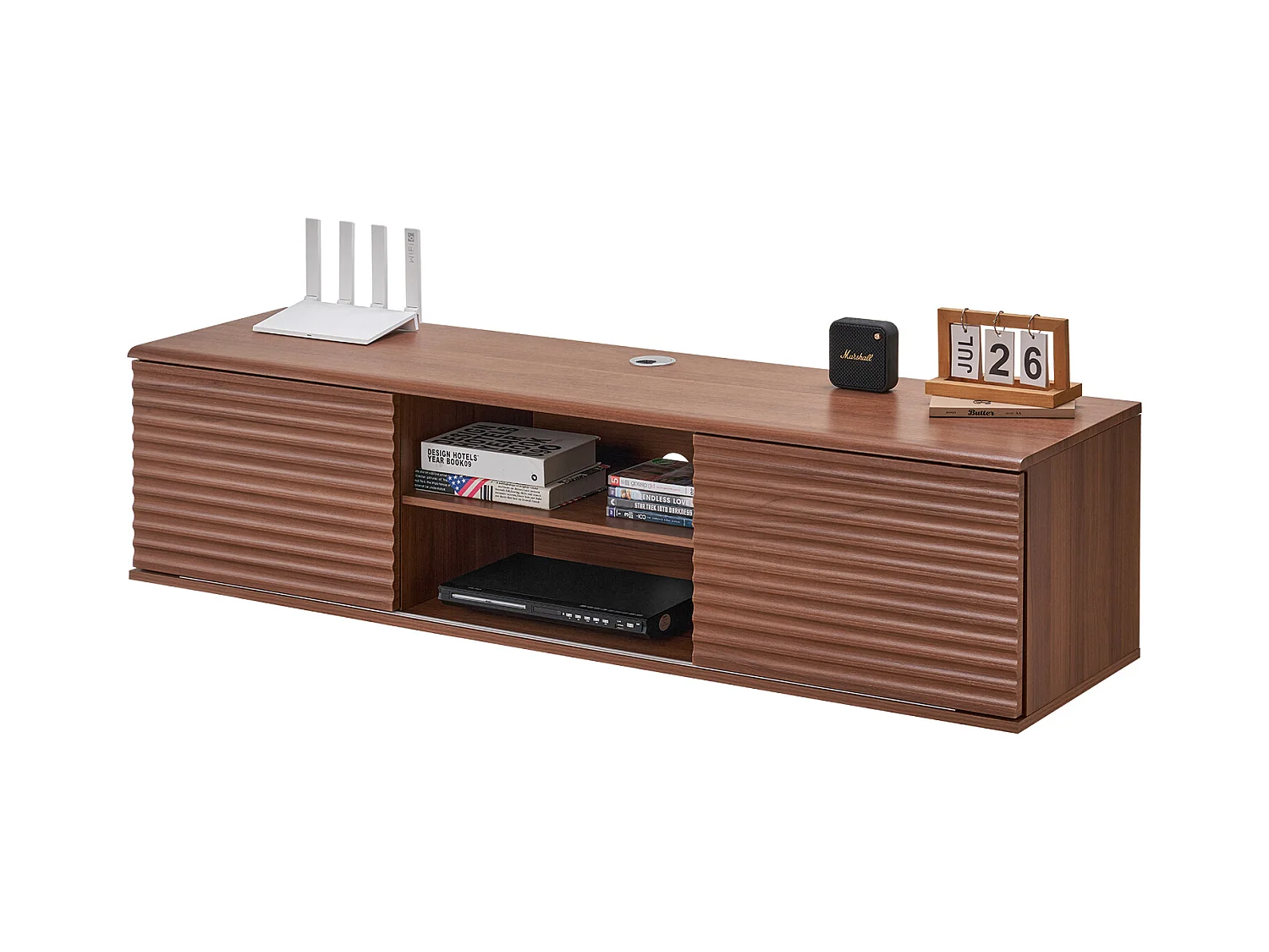 Meuble TV Mural SucceBuy Meuble TV Mural Flottant, 152 cm, Console Multimédia avec Étagères Ajustables et Portes Coulissantes, Unité de Rangement à 2 Niveaux