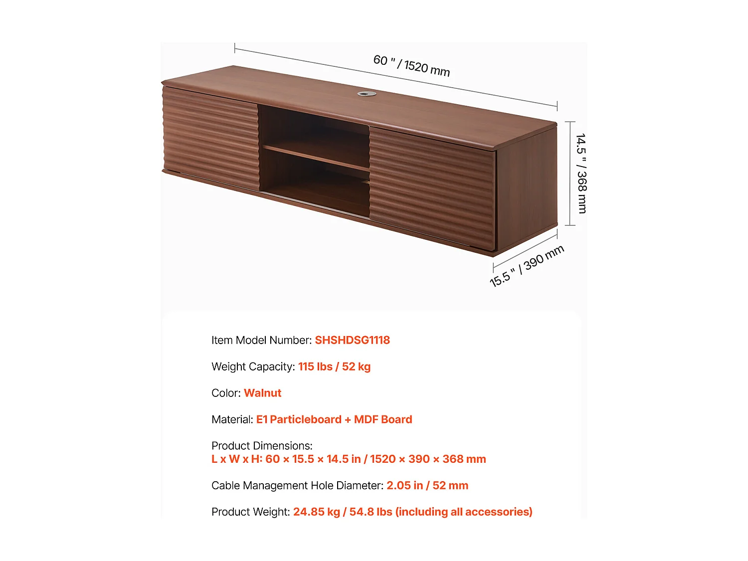 Meuble TV Mural SucceBuy Meuble TV Mural Flottant, 152 cm, Console Multimédia avec Étagères Ajustables et Portes Coulissantes, Unité de Rangement à 2 Niveaux