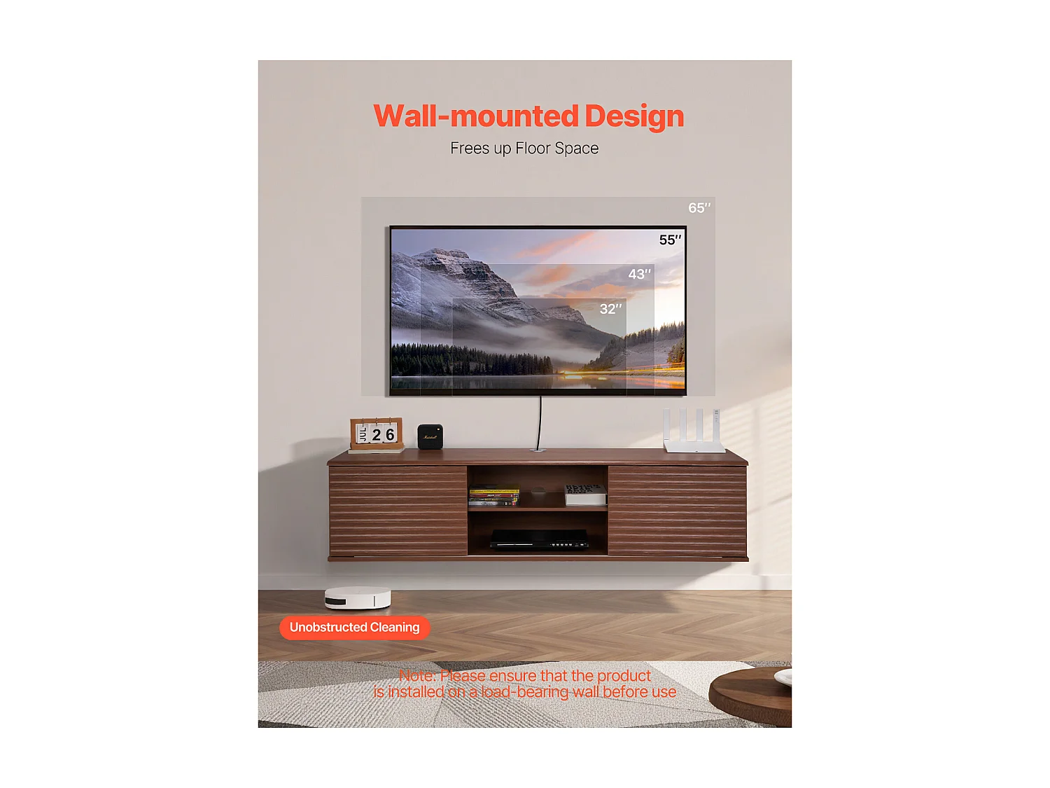 Meuble TV Mural SucceBuy Meuble TV Mural Flottant, 152 cm, Console Multimédia avec Étagères Ajustables et Portes Coulissantes, Unité de Rangement à 2 Niveaux