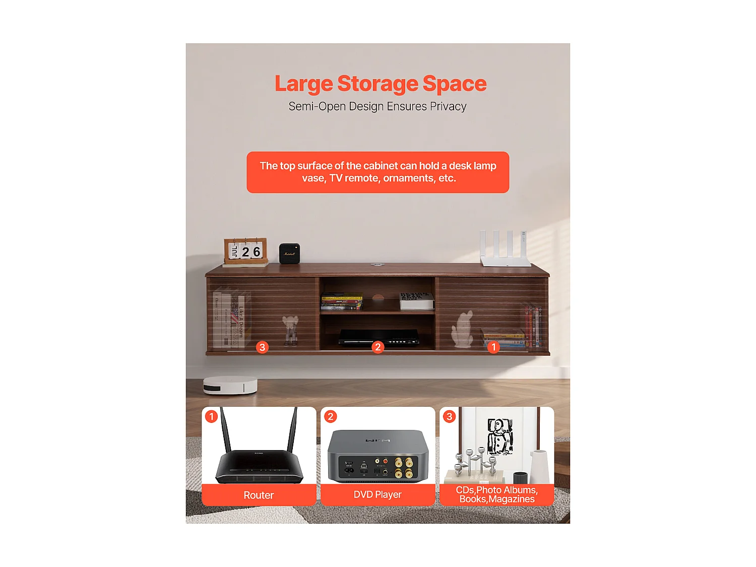 Meuble TV Mural SucceBuy Meuble TV Mural Flottant, 152 cm, Console Multimédia avec Étagères Ajustables et Portes Coulissantes, Unité de Rangement à 2 Niveaux