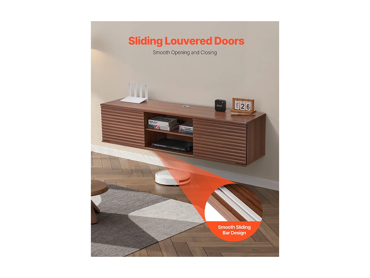 Meuble TV Mural SucceBuy Meuble TV Mural Flottant, 152 cm, Console Multimédia avec Étagères Ajustables et Portes Coulissantes, Unité de Rangement à 2 Niveaux