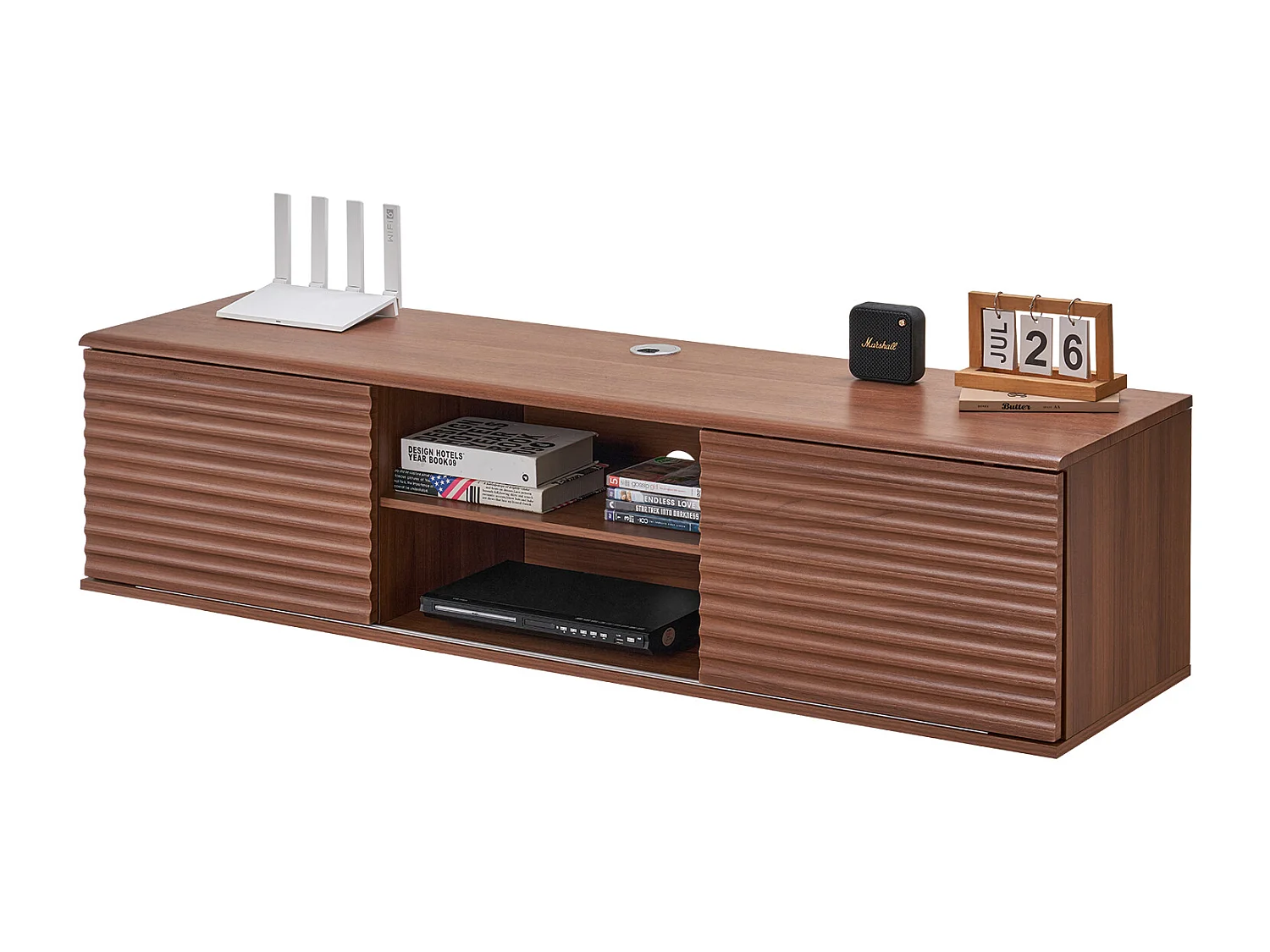 Meuble TV Mural SucceBuy Meuble TV Mural Flottant, 152 cm, Console Multimédia avec Étagères Ajustables et Portes Coulissantes, Unité de Rangement à 2 Niveaux
