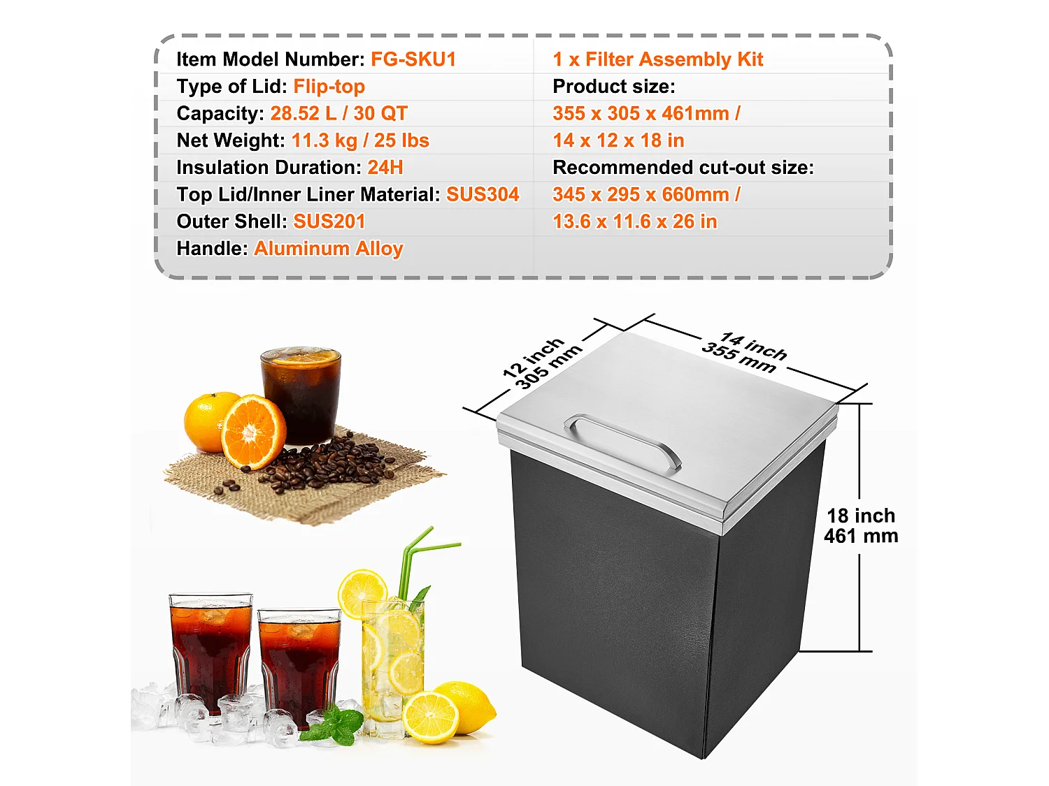 Coffre à Glace SucceBuy, 35,5 x 30,5 x 45,7 cm, en Acier Inoxydable, avec Couvercle à Charnière, pour Cuisine Extérieure