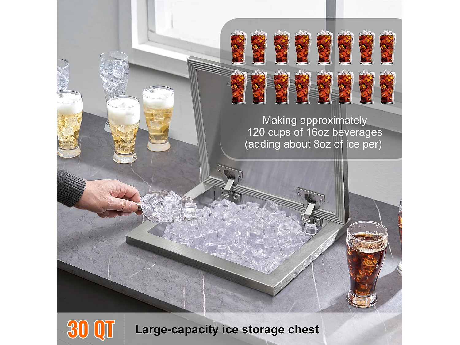 Coffre à Glace SucceBuy, 35,5 x 30,5 x 45,7 cm, en Acier Inoxydable, avec Couvercle à Charnière, pour Cuisine Extérieure