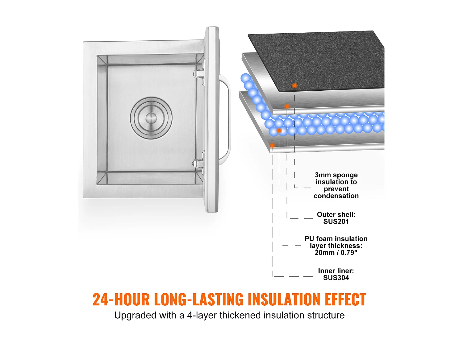 Coffre à Glace SucceBuy, 35,5 x 30,5 x 45,7 cm, en Acier Inoxydable, avec Couvercle à Charnière, pour Cuisine Extérieure
