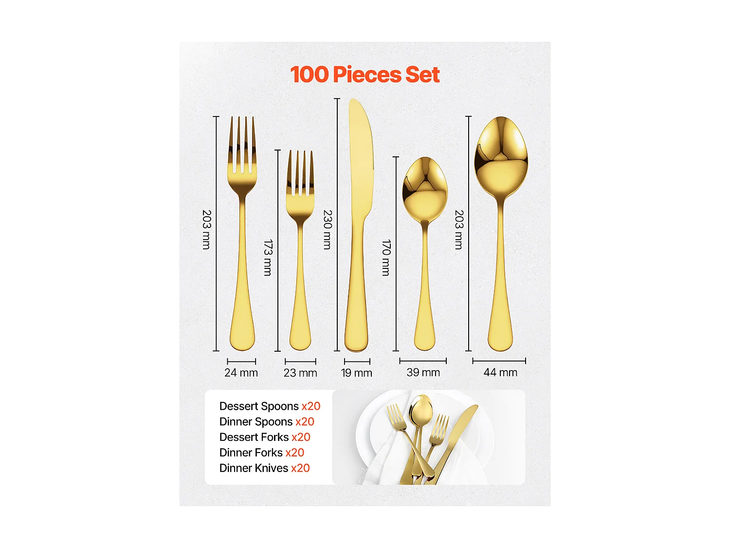 Ensemble de Couverts SucceBuy Ménagère 100 Pièces en Acier Inoxydable, pour 20 Personnes, Finition Miroir, Lavable au Lave-Vaisselle, avec Couteau