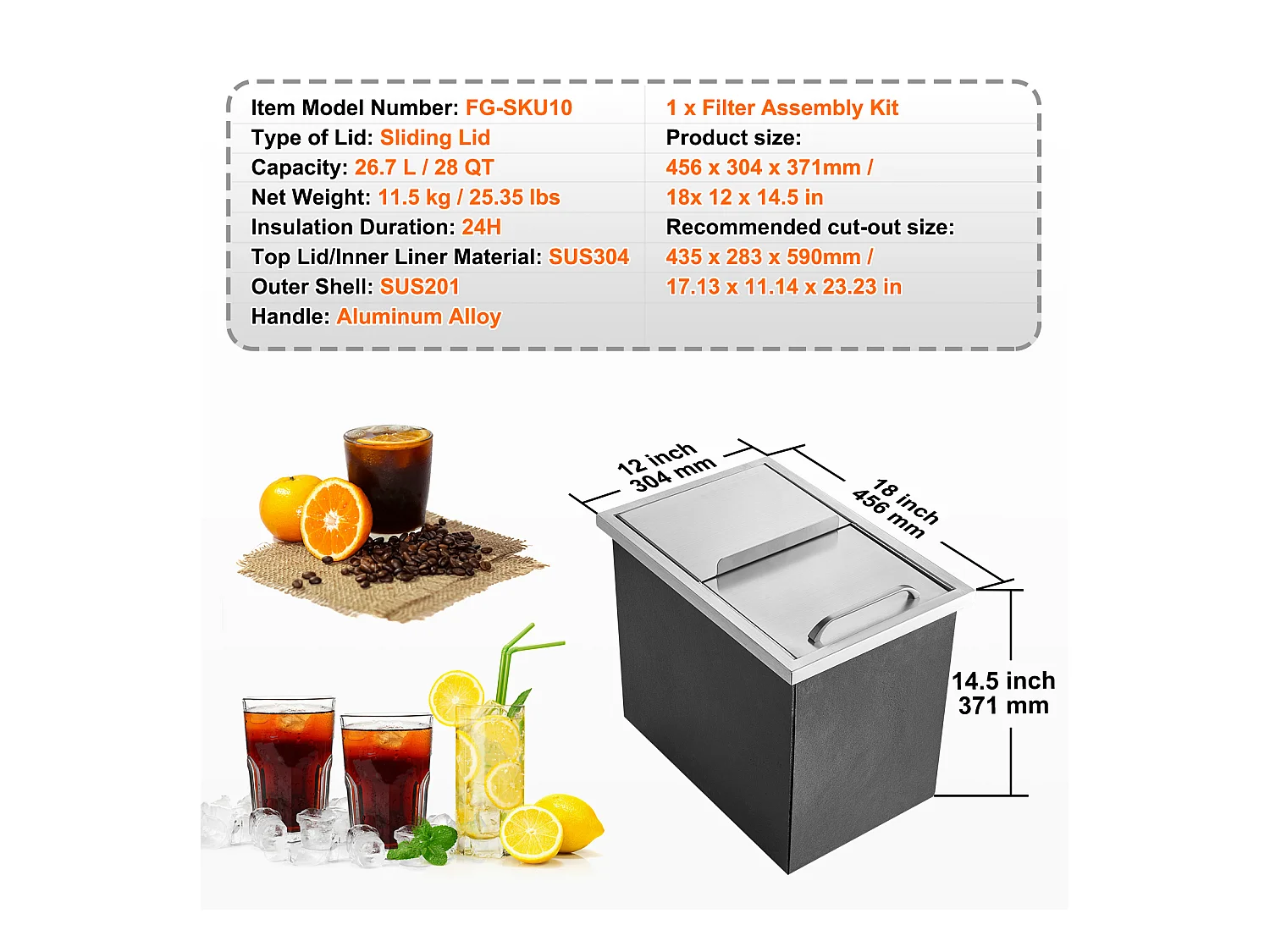 Coffre à Glace SucceBuy, 45,7 x 30,5 x 36,5 cm, en Acier Inoxydable, avec Couvercle, Bac à Glace, pour Cuisine Extérieure