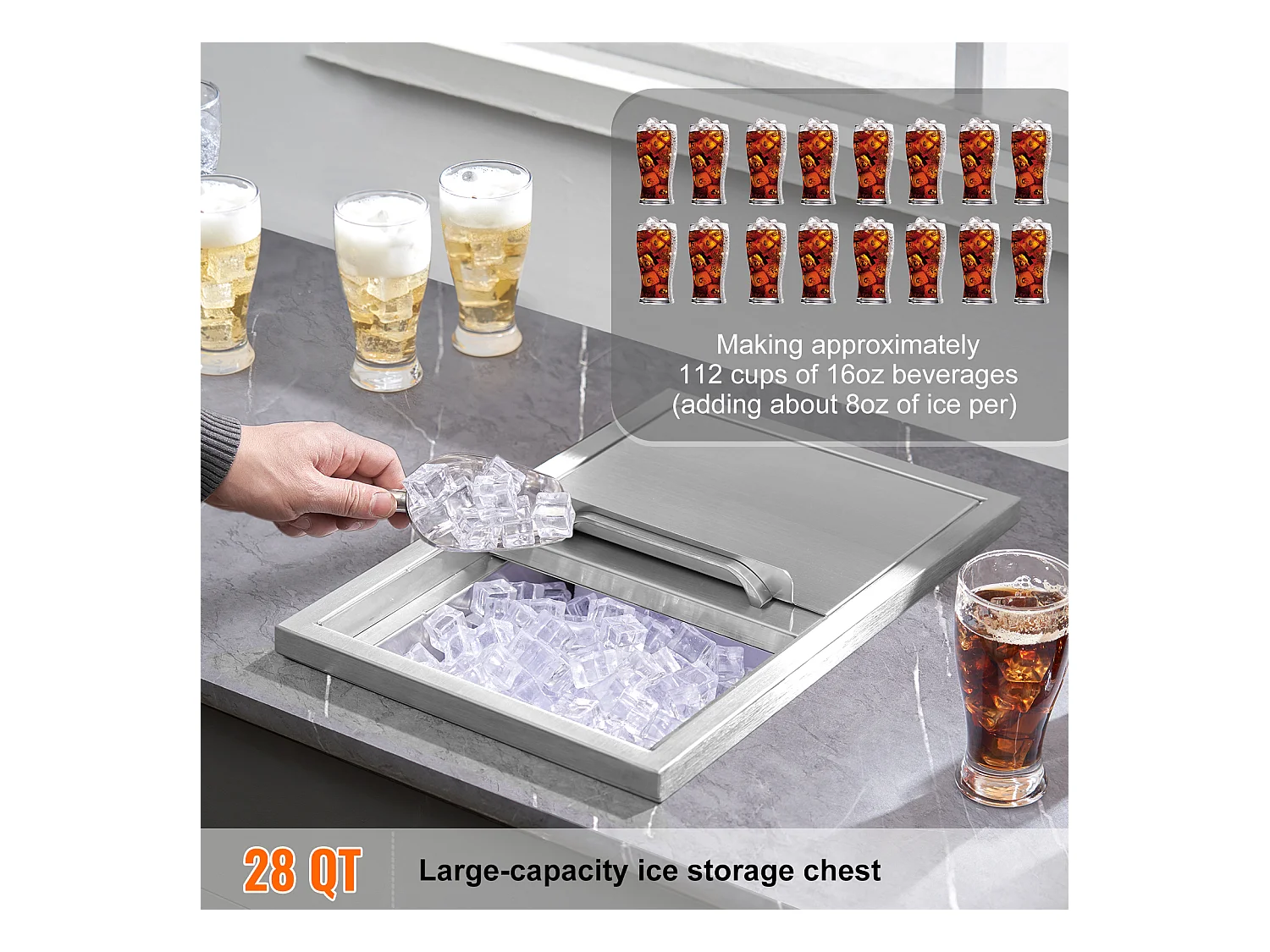 Coffre à Glace SucceBuy, 45,7 x 30,5 x 36,5 cm, en Acier Inoxydable, avec Couvercle, Bac à Glace, pour Cuisine Extérieure